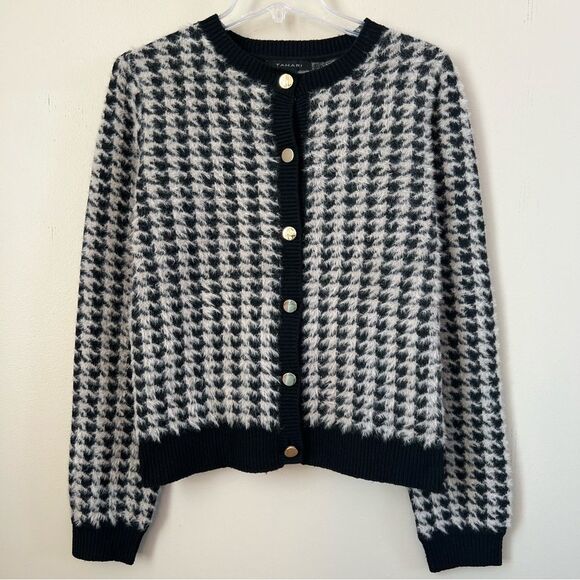 Tahari Women's Black White Soft Fuzzy Eyelash Houndstooth Cardigan Sweater Large - Picture 1 of 11